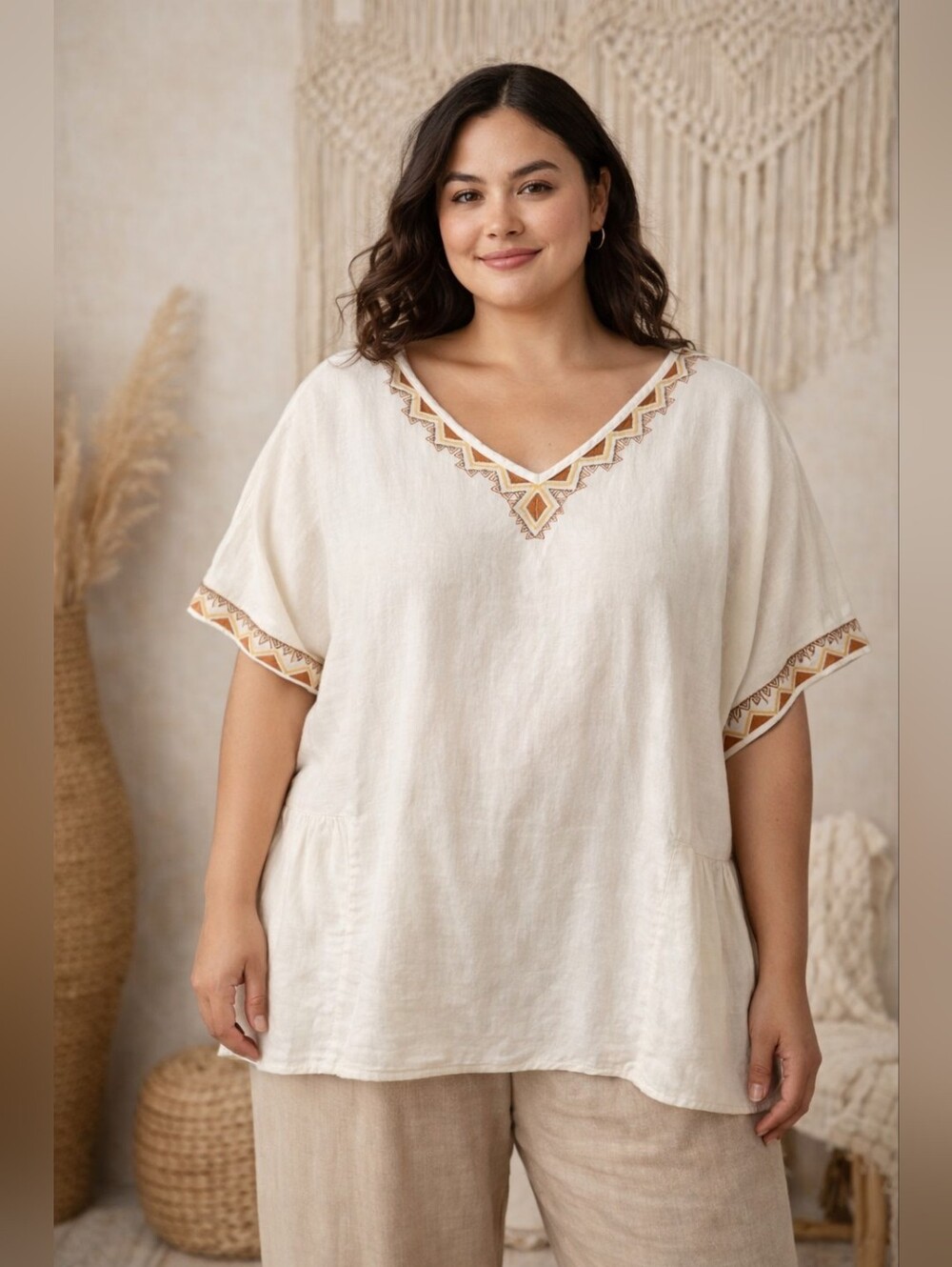 SONOMA Linen Blend Embroidered Boho Top 2X Cream V-Neck Peasant Blouse